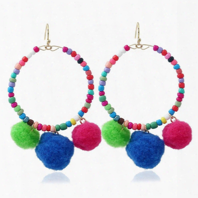 Women Colorful Pom Ball Bead Tassel Drop Dangle Earrings