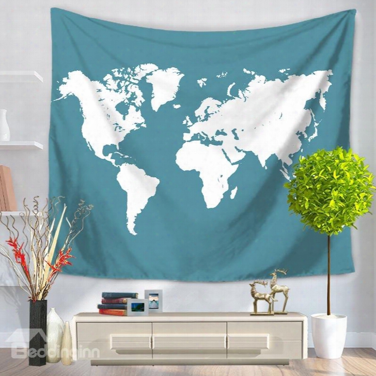 World Map White Color Continent Blue Decorative Hanging Wall Tapestry