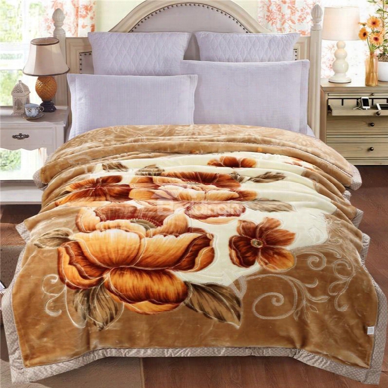 Yellow Peonies Blooming Printed Camel Plush Flannel Fleece Bed Blanket