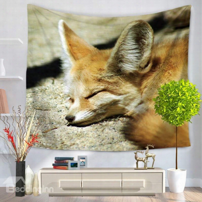 Yellow Wildlife Fennec Fox Sleeping On Field Decorative Hanging Wall Tapestry