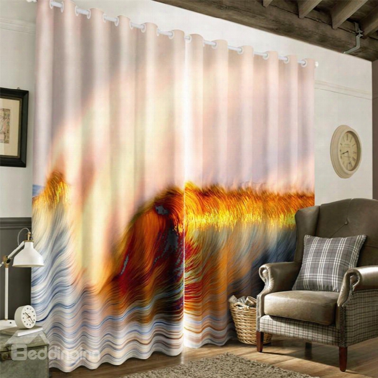 3d Abstract Waves Printed Thick Polyester 2 Panels Decorative And Heat Insulation Curtain