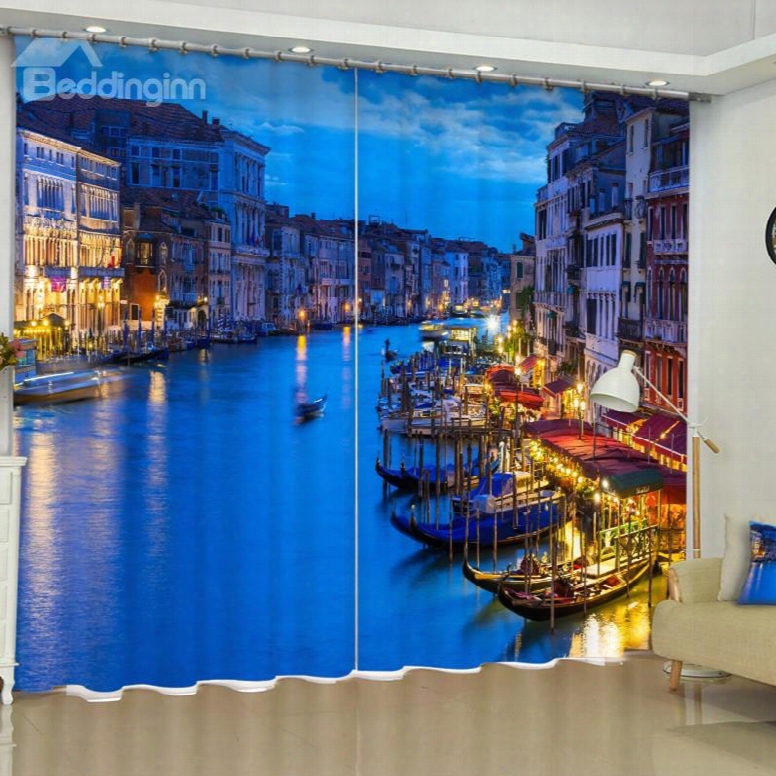 3d Coastal City Night Scenery Printed Modern Style Custom Living Room Curtain