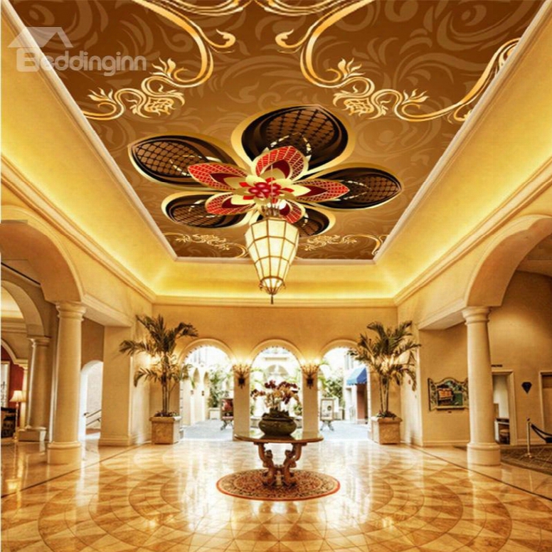 3d Floral Pattern On Orange Background Pvc Waterproof Sturdy Eco-friendly Self-adhesive Ceiling Murals