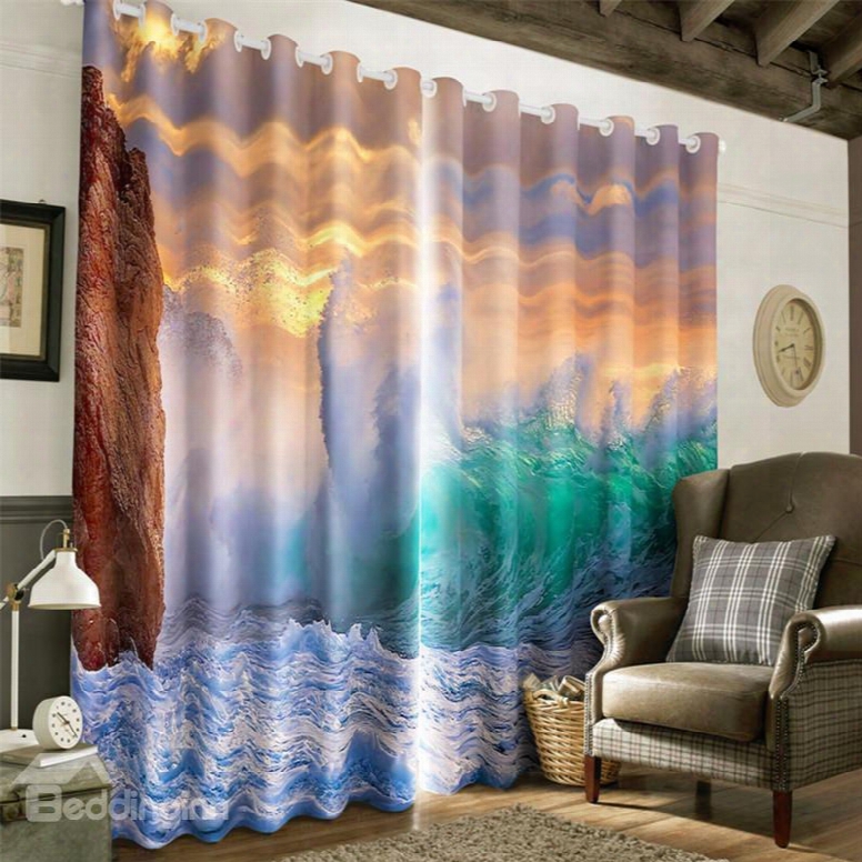 3d Golden Sunlight With White Cloud And Rolling Waves Printed 2 Panels Grommet Top Curtain