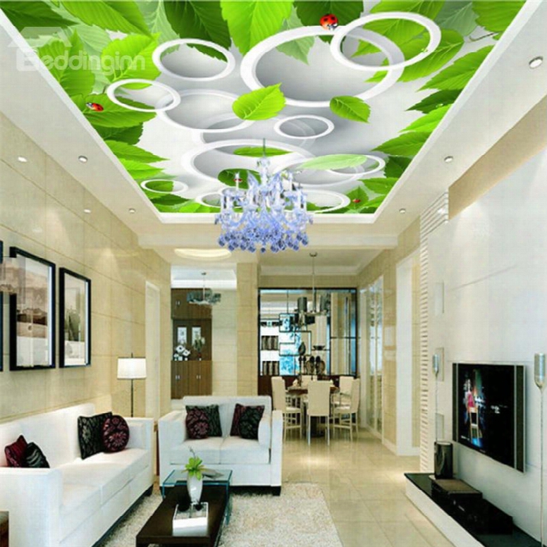 3d Green Leaves Pattern Pvc Waterproof Sturdy Eco-friendly Self-adhesive Ceiling Murals