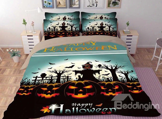 3d Happy Halloween And Pumpkin Printed Polyester 4-piece Bedding Sets/duvet Covers