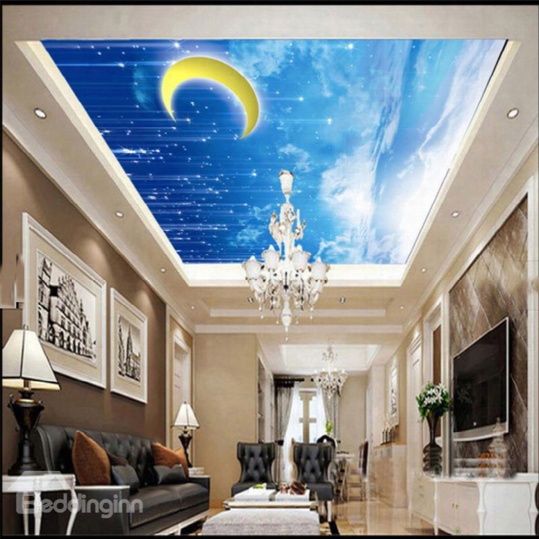 3d Moon Blue Sky Printed Pvc Waterproof Sturdy Eco-friendly Self-adhesive Ceiling Murals