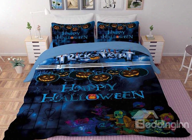 3d Pumpkin And Happy Halloween Printed Polyester 4-piece Blue Bedding Sets/duvet Covers