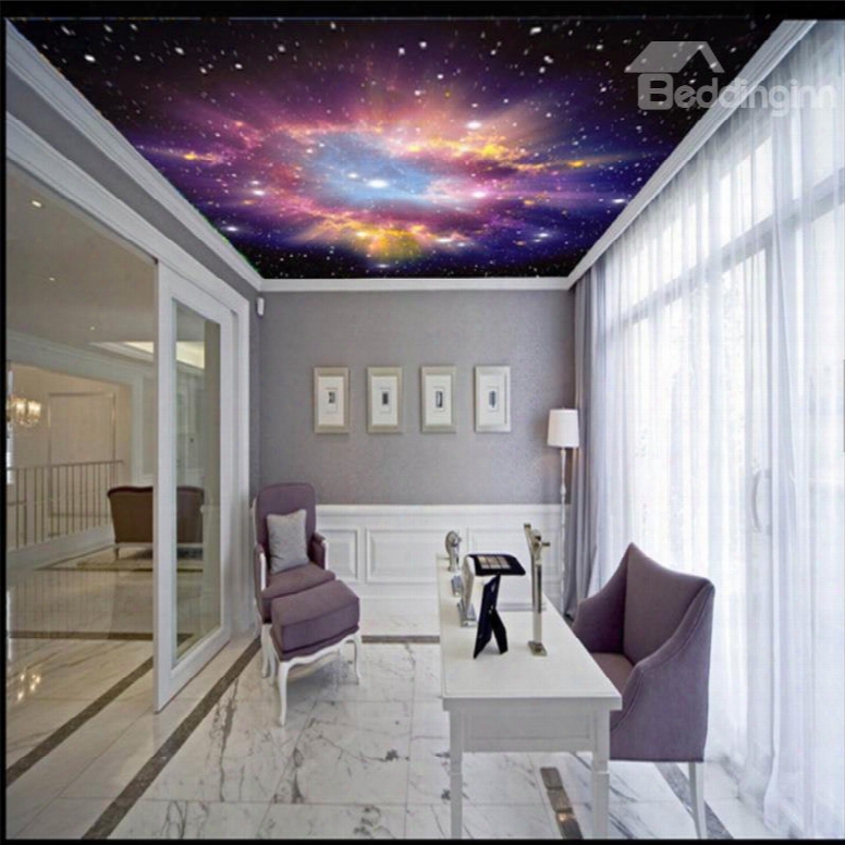 3d Purple Galaxy Printed Pvc Waterproof Sturdy Eco-friendly Self-adhesive Ceiling Murals