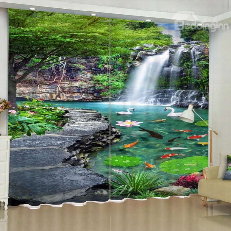3d Slate Roadstead And Running Waterfalls With Green Trees Printed 2 Panels Custom Curtain
