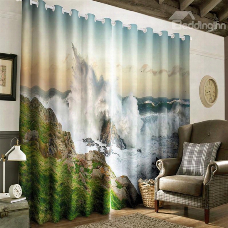 3d Surging Waves And And Green Mountains Natural Power Printed Grommet Top Curtain