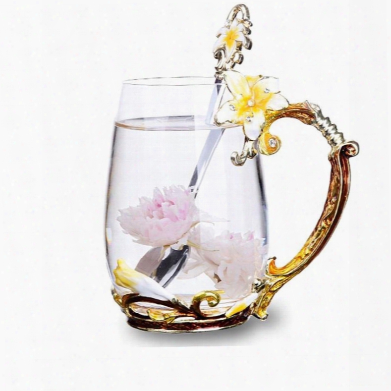 Creative Birthday Gifft Yellow Lily Flowers Crystal Enamel Cups Office Mug Cup