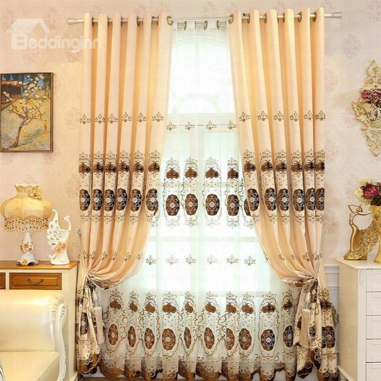 Light Yellow Color With Polka Dots Embroidered Flowers 2 Panels Decorative Sheer Curtain