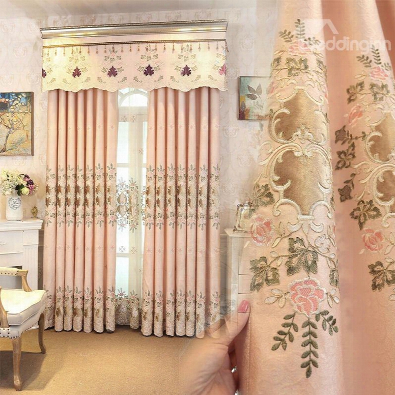 Romantic And Sweet Pink Color With Embroidered Flowers 2 Panels Living Rooom Sheer Curtain