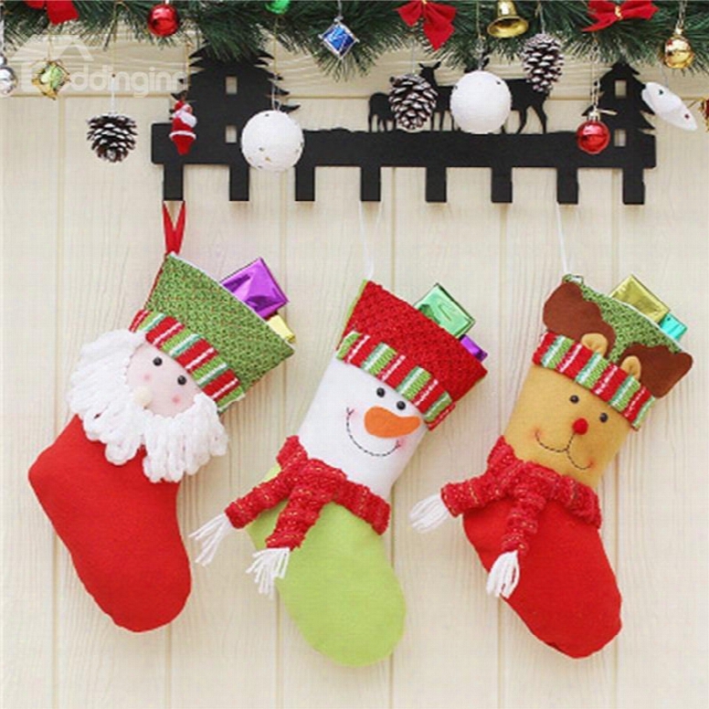 Santa Snowman And Deer Decoration Classic Non-woevn Fabric And Wool Christmas Stocking