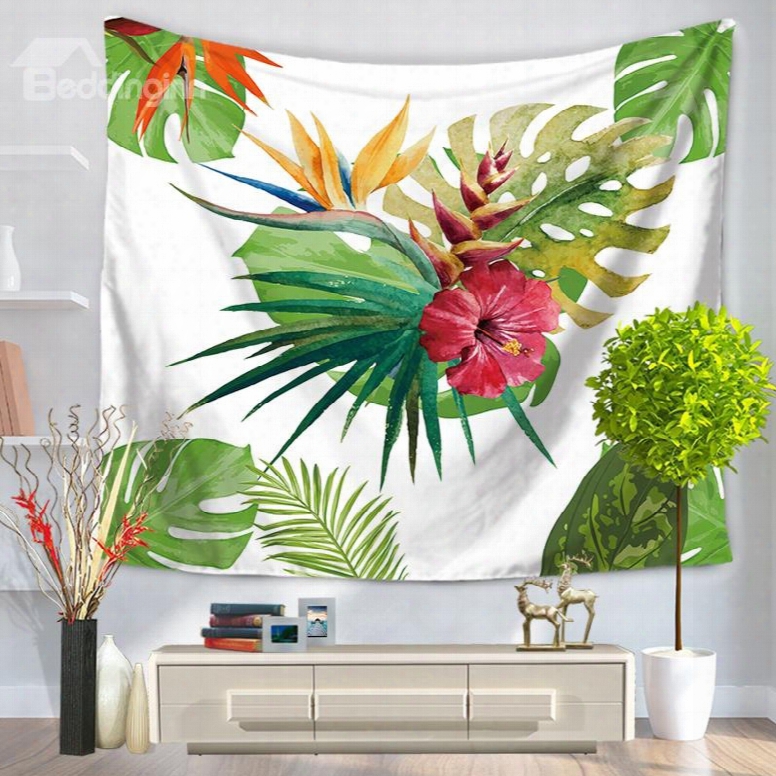 Watercolor Flower With Palm Leaves White Bottom Color Decorative Hanging Wall Tapestry
