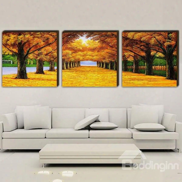 16␔16in␔3 Panels Go Lden  Leaves Hanging Canvas Waterproof And Eco-friendly Framed Prints