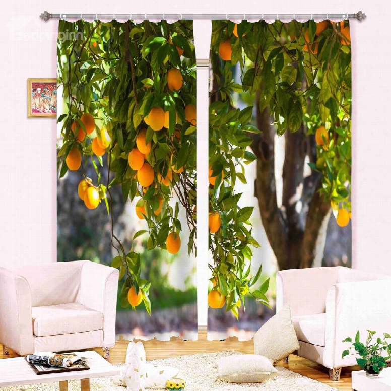 3d Apricot Tree Printed Thick Polyester 2 Panels Decorative And Blackout Curtain
