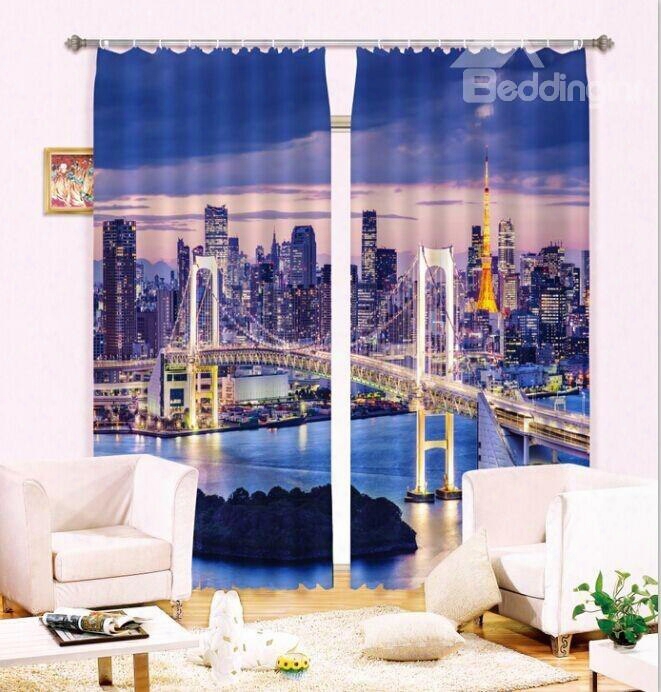 3d Big City Fascinating Urban Night Scenery 2 Pieces Decorative And Shading Curtain