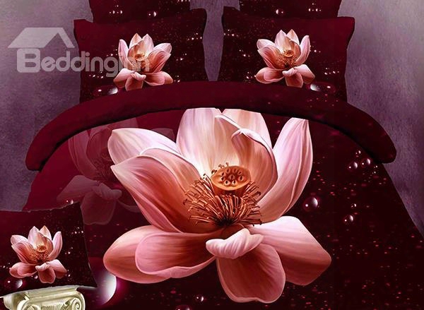 3d Blooming Lotus Printed Cotton 4-piece Burgundy Bedidng Sets/duvet Cover