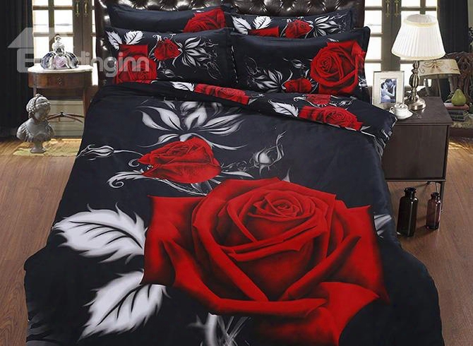 3d Blooming Red Rose Printed Cotton 5-piece Black Comforter Sets