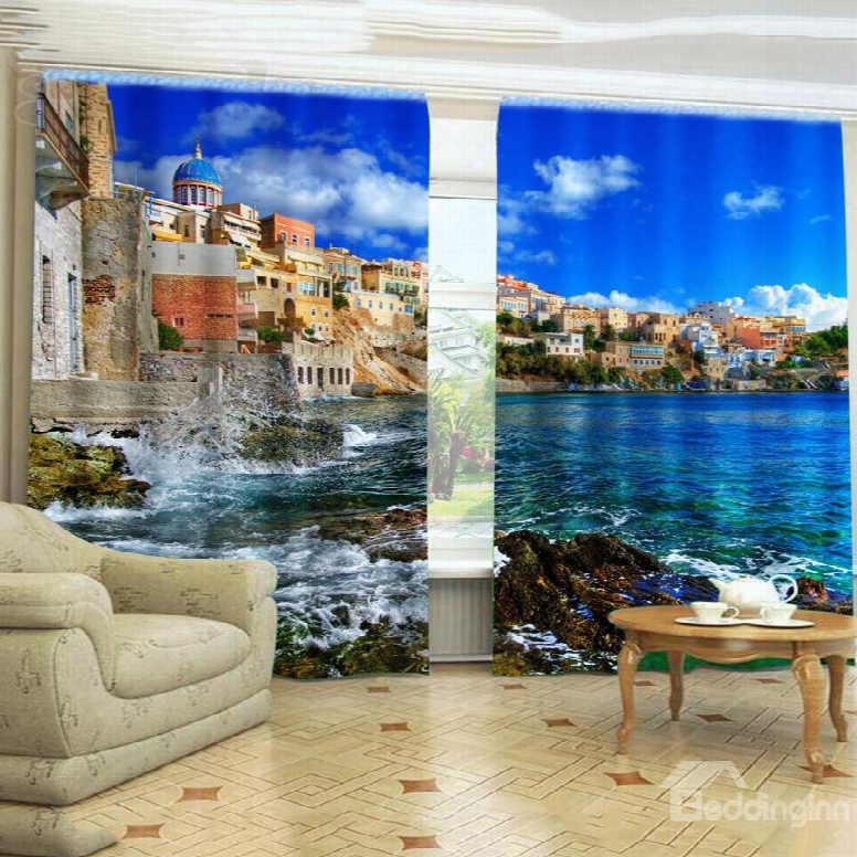 3d Broad And Romantic Buildings In Seaside Printed Decorative 3d Curtain