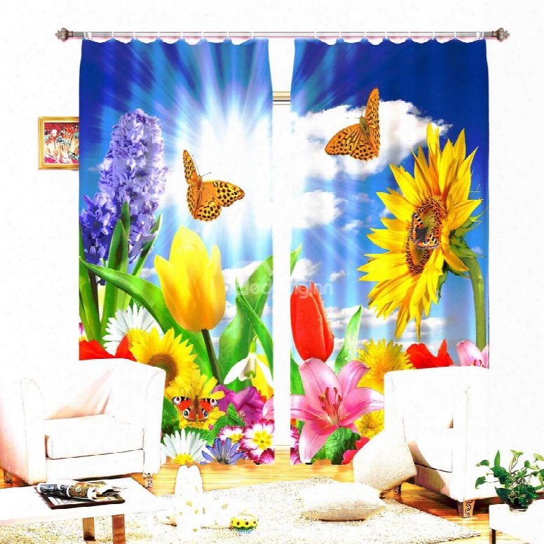 3d Colorful Flowers Red Rose Butterflies Printed Two Panels 3d Curtain