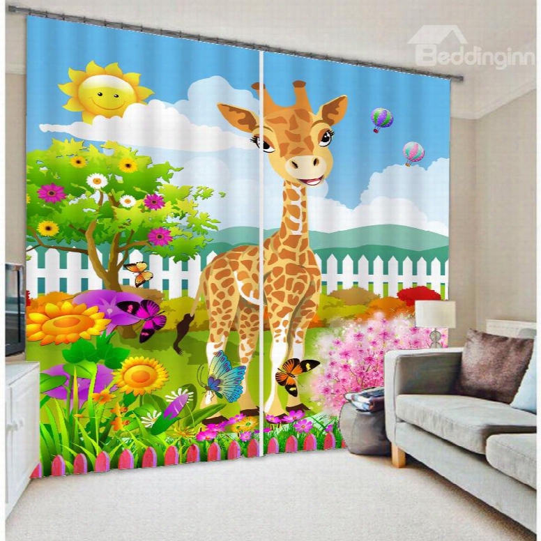 3d Cute Elks Butterflies And Sunflowers Printed Cartoon Style Blackout Custom Curtain