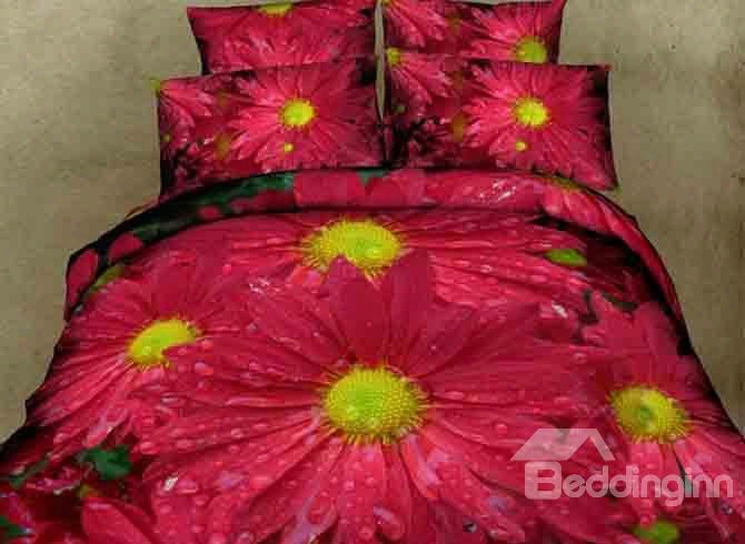 3d Dewy Red Daisy Printed Cotton 4-piece Bedding Sets/duvet Covers