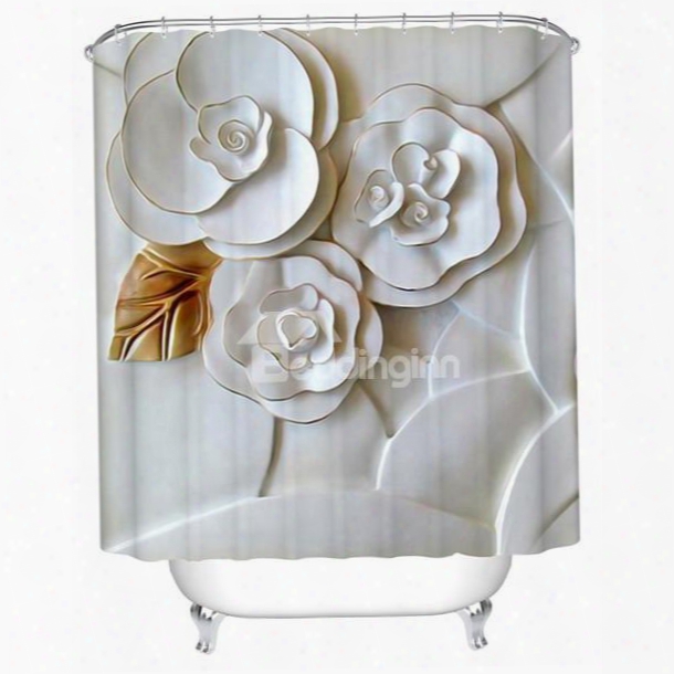 3d Flowers Printed Polyester White Bathroom Shower Curtain