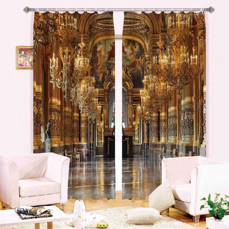 3d Golden Church With Sculpture Printed Luxury Style Custom Curtain For Living Room