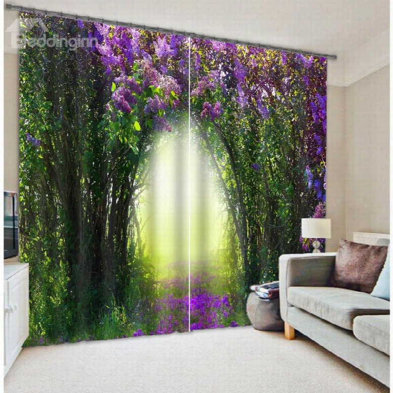 3d Green Trees And Purple Flowers Corridor Printed Thick Polyester Decorative Custom Curtain