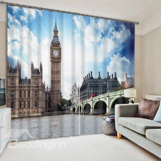 3d London Big Ben Printed Grand Buildings 2 Panels Custom Living Room Curtain