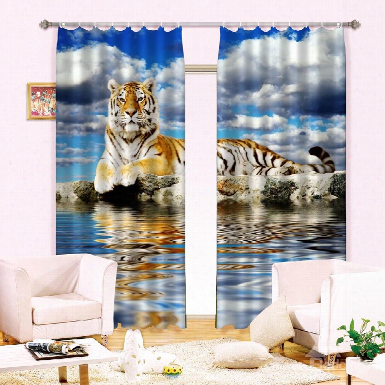 3d Lovely Tiger Printed Thick Polyester Animal Scenery 2 Panels Blackout Curtain