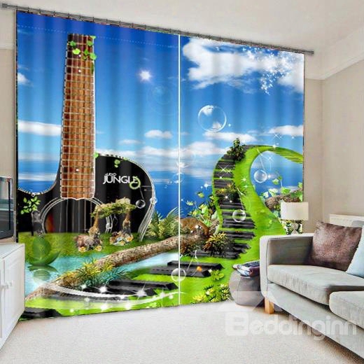 3d Music Bridge And Guitar Printed Creative Scenery Polyestre Custom Decorative Curtain