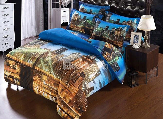 3d Night Cityscape Printed Polyester 5-piece Comfotrer Sets