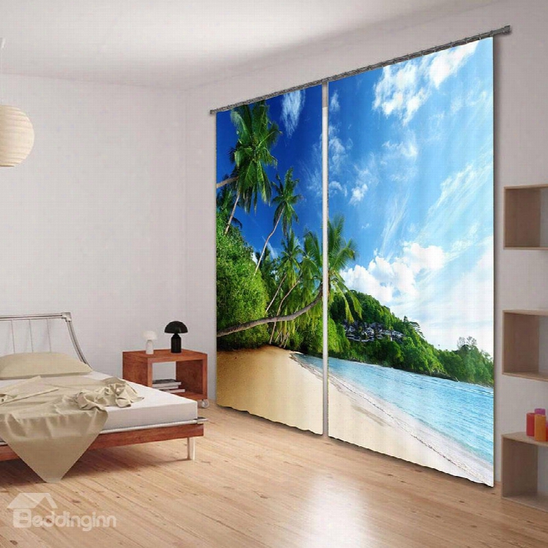 3d Palm Trees In Seaside Printed Beach Scenery Decoration Custom Living Room Curtain