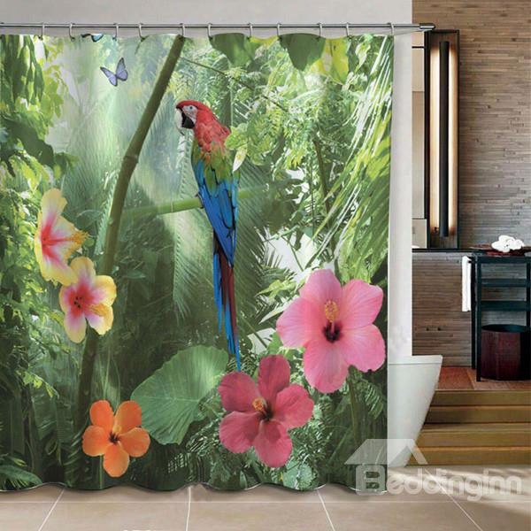 3d Parrot And Forest Pinted Polyester Brown Bathroom Shower Curtain