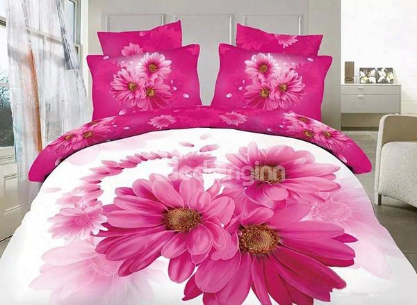 3d Pink Daisy Printed Cotton Full Size 4-piece White Bedding Sets/duvet Covers