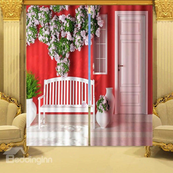 3d Pink Floral House Printed Thick Polyester 2 Panels Blackout And Decorative Curtain