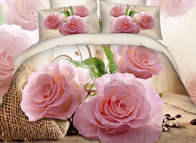 3d Pink Rose And Green Leaves Cotton 4-piece Bedding Sets/duvet Covers