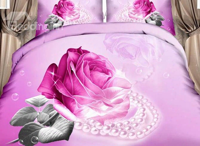 3d Pink Rose And Pearl Printed Cotton Full Size 4-piece Bedding Sets