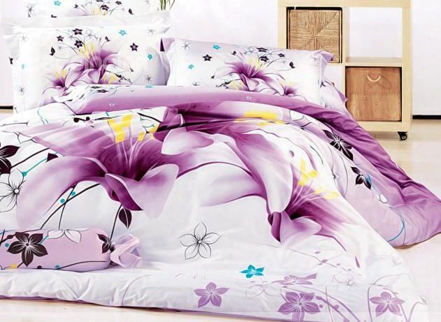 3d Purple Lily Printed Cotton 4-piece Full Size Bedding Sets/duvet Covers