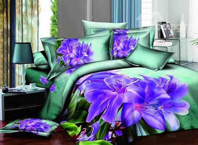 3d Purple Lily Printed Cotton 4-piece Green Bedding Sets/duvet Cover