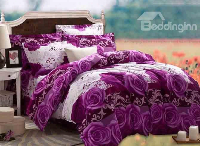 3d Purple Rose Printed Cotton 4-piece Full Size Bedding Sets/duvet Covers