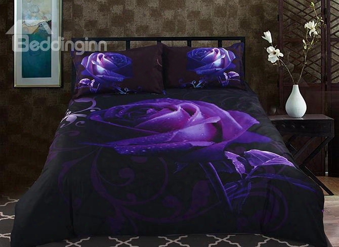 3d Purple Rose Printed Polyester 5-piece Comforter Sets