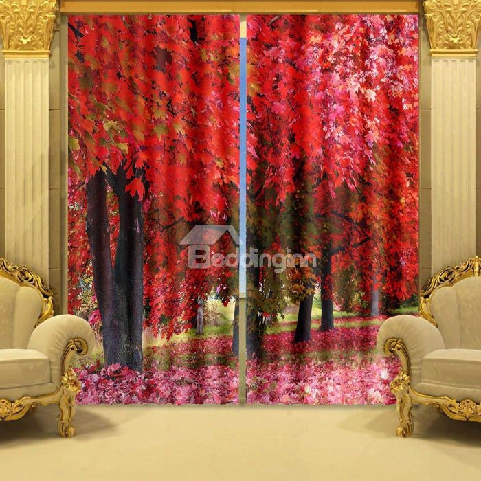 3d Red Maple Trees Printed Polyester Custom Shading Curtain For Living Room