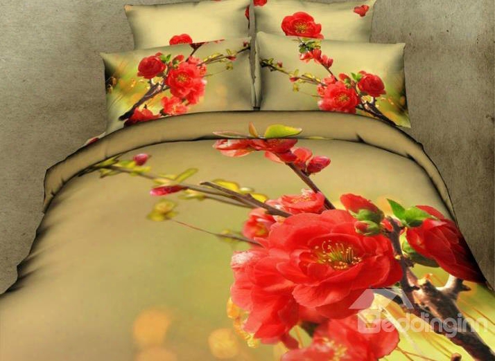 3d Red Peach Blossom And Branches Printed 4-piece Bedding Sets/duvet Covers