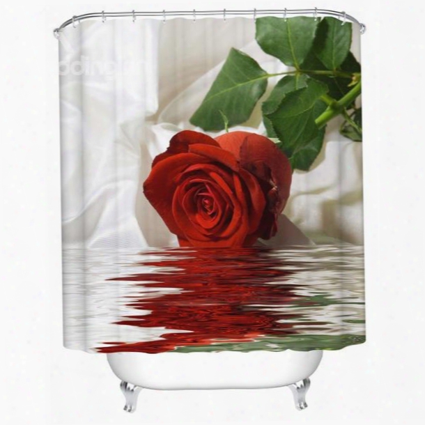 3d Red Rose In Water Printed Polyester Bathroom Shower Curtain