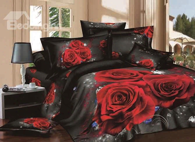 3d Red Rose Printed Cotton 4-piece Black Bedding Sets/duvet Covers